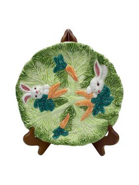 VTG Bunny Ceramic "Salad" Plate Sculpted Bun-Buns Carrots Textured Leaves *Chip